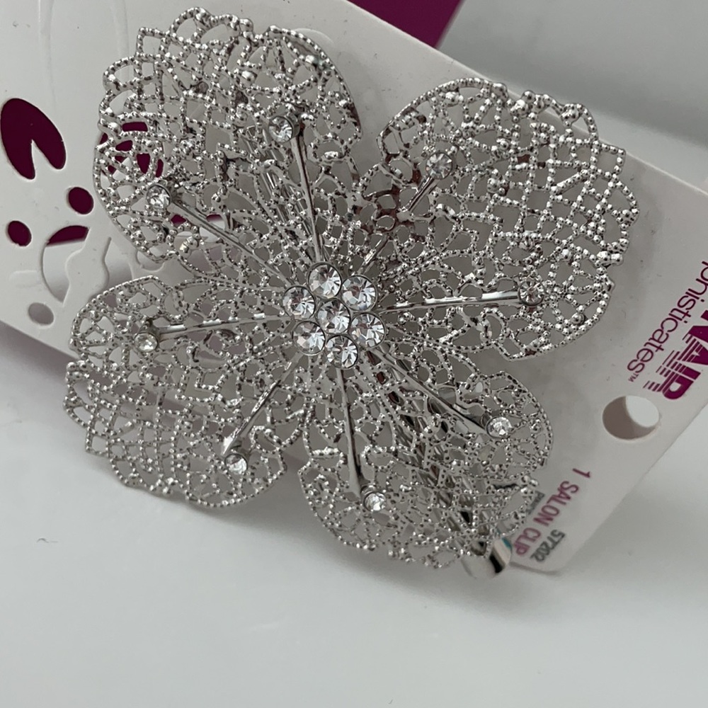 RHINESTONE HAIR CLIP WITH SILVER MESH FLOWER
